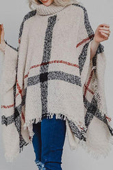 Plaid Turtleneck Raw Hem Poncho OutfitFlow